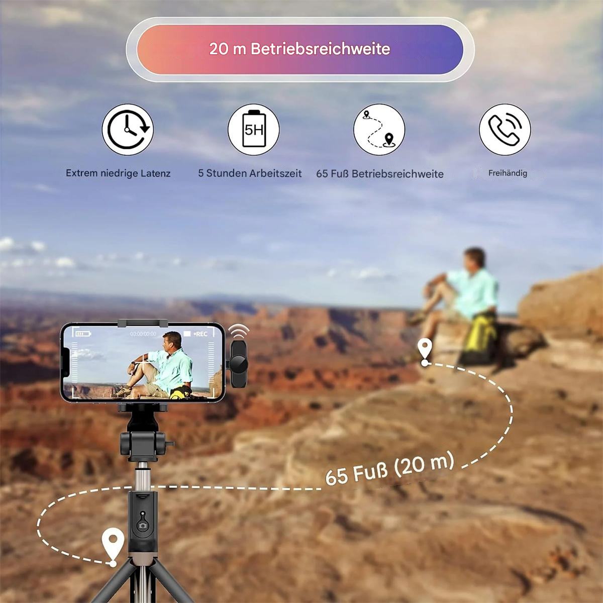 Ein Smartphone auf einem Stativ mit Fernbedienung, und eine Person im Hintergrund.