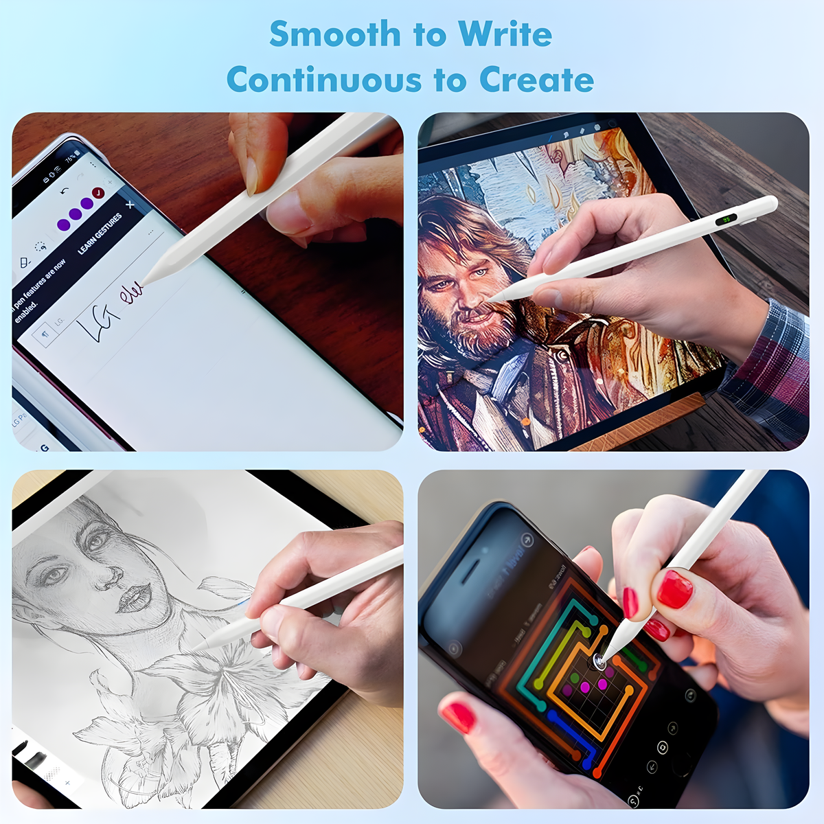 Vier Bilder mit einem Stift zum Schreiben und Zeichnen auf Telefon- und Tablet-Bildschirmen.