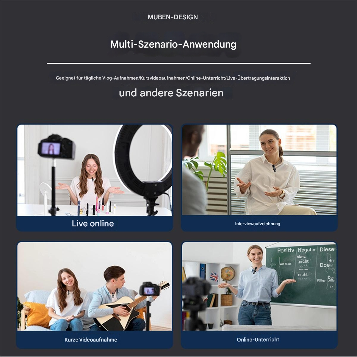 Das Bild zeigt vier Szenen von Personen, die Geräte für Online-Aktivitäten, einschließlich Live-Streaming und Lehren, verwenden.