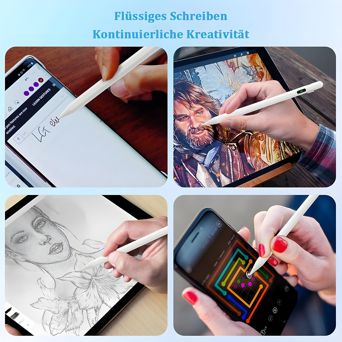 Vier Bilder, die zeigen, wie ein weißer Stift auf Telefonen und Tablets verwendet wird.