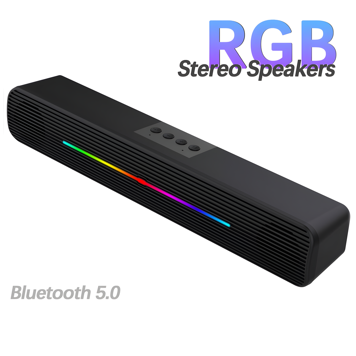 Schwarzer RGB-Stereolautsprecher mit farbigen Lichtern.