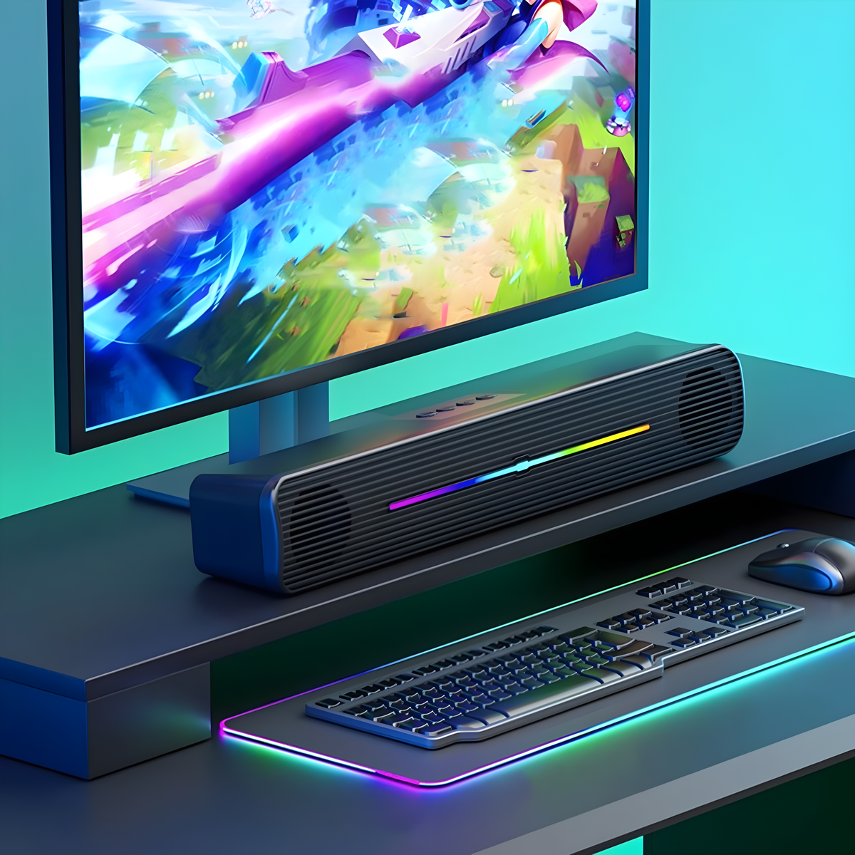 Ein Computer-Setup mit Monitor, Soundbar, Tastatur, Maus und farbigem Mauspapier.