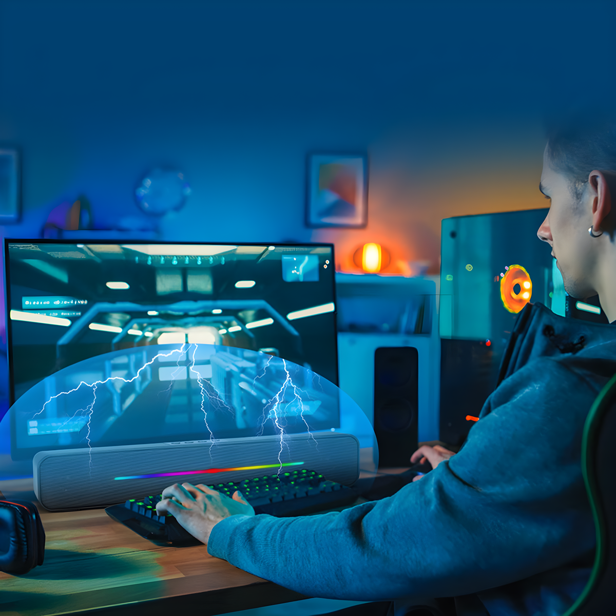 Eine Person spielt mit einer Tastatur und einem großen Monitor, und einer Soundbar vorne.