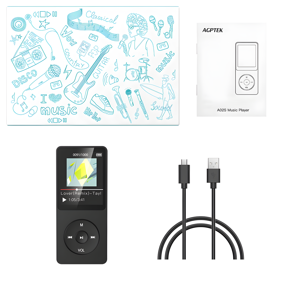 Ein Musik-Player mit Bildschirm, ein USB-Kabel und eine Zeichnung von Musiksymbolen.