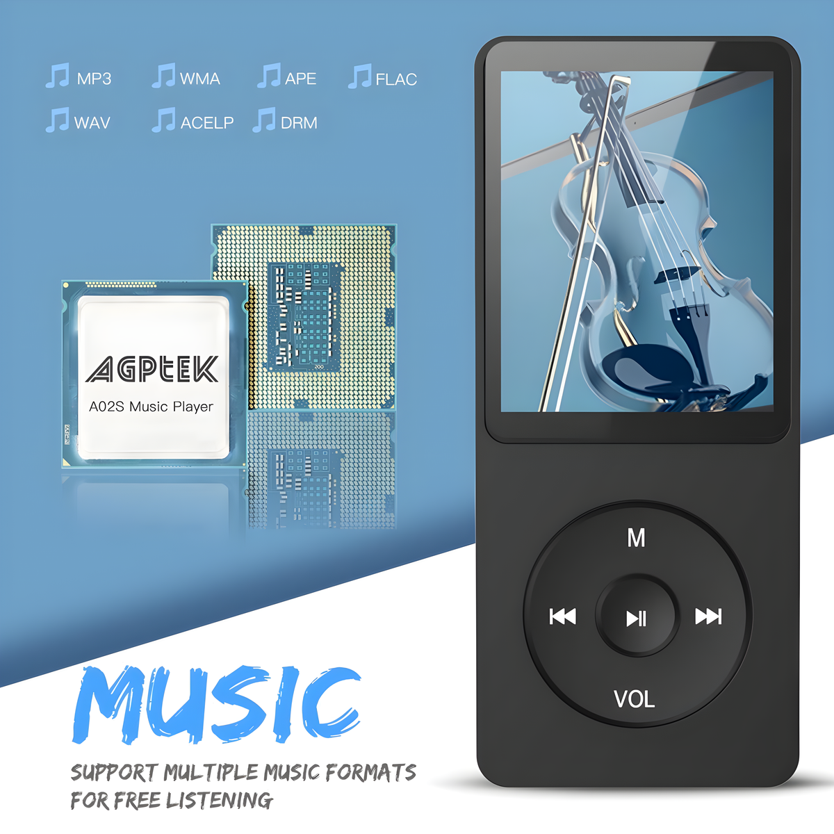 Schwarzer Musikplayer mit Geige auf dem Bildschirm. Text: 'MUSIC' und Musikformat-Logos.