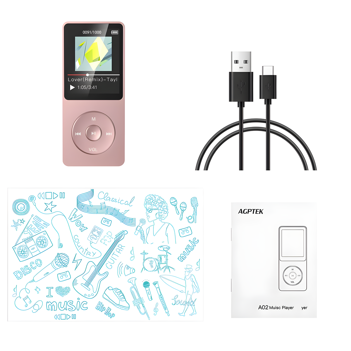 Rosa MP3-Player, USB-Kabel und eine Musik-Doodle-Zeichnung sowie eine Bedienungsanleitung.