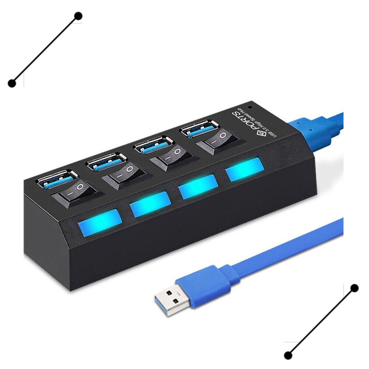 Schwarzer USB-Hub mit blau beleuchteten Schaltern und blauem USB-Kabel.