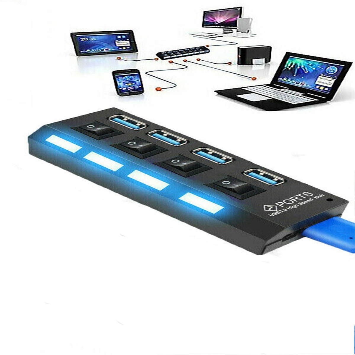 Schwarzer USB-Hub mit blauen Lichtern, Darstellung angeschlossener Geräte auf weißem Hintergrund.