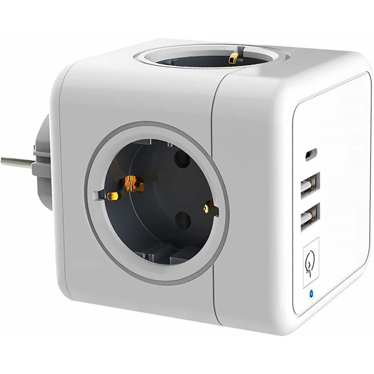 Weißer Würfel-Netzadapter mit mehreren Steckdosen und USB-Anschlüssen. Blauer Power-Knopf.