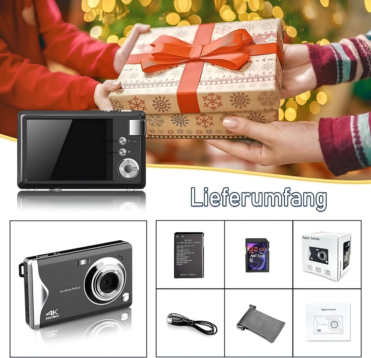 Zwei Hände halten eine Geschenkbox, darunter eine Digitalkamera und Zubehör.