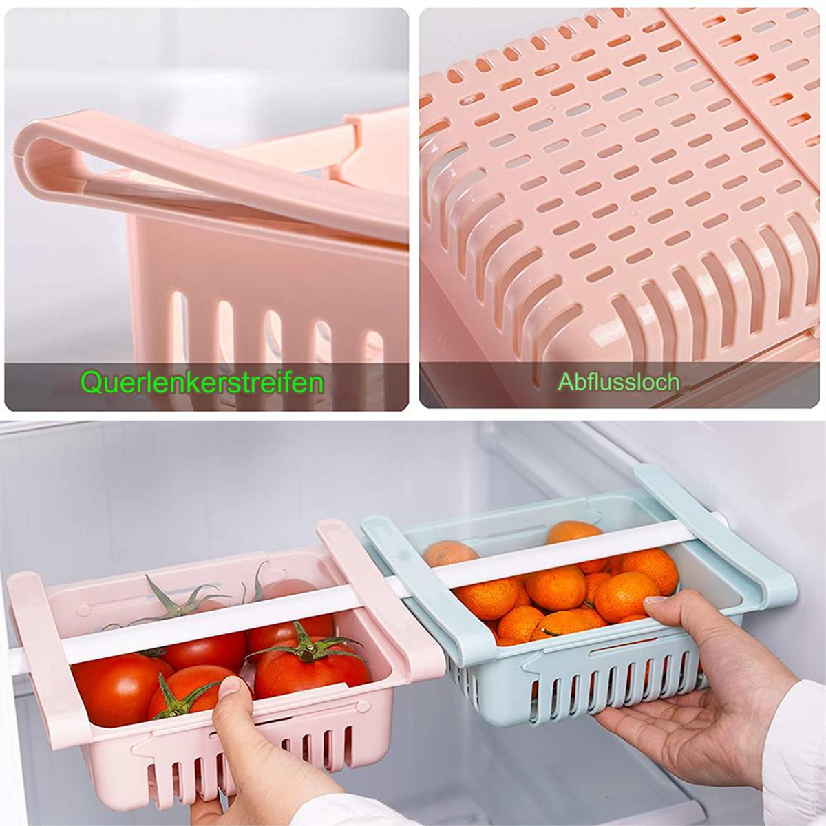Kühlschrank-Aufbewahrungsschubladen mit Obst und Gemüse. Pinke und blaue Schubladen werden gezeigt. Griffe oben.