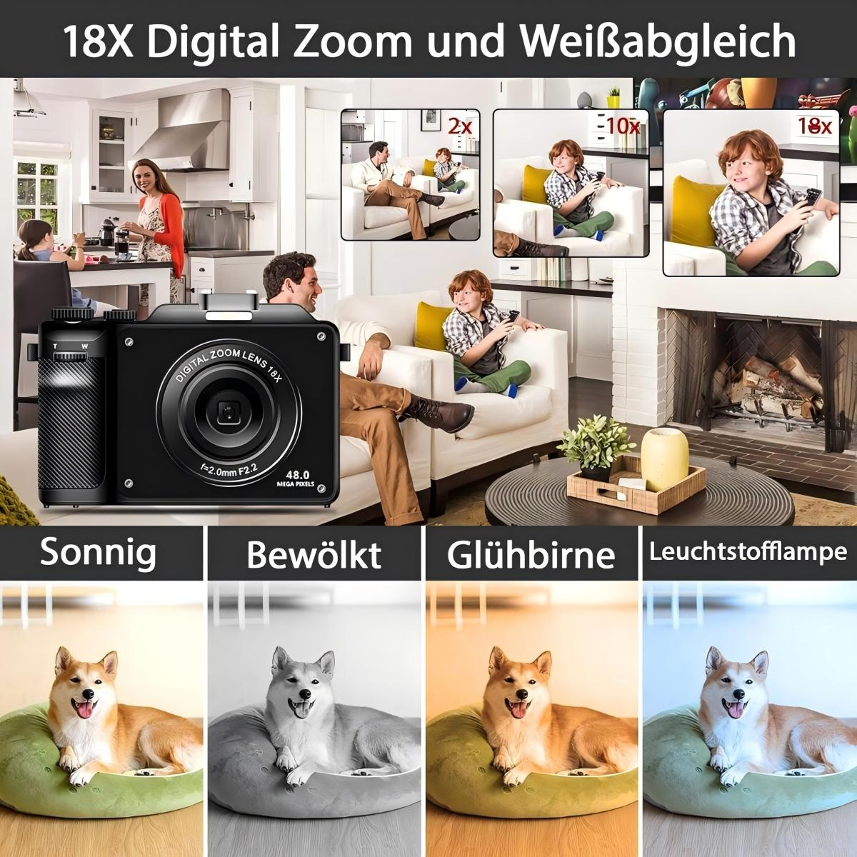 Eine Kamera mit verschiedenen Zoomstufen und ein Hund unter verschiedenen Lichtverhältnissen, beschriftet mit 'Sonnig', 'Bewölkt' usw.