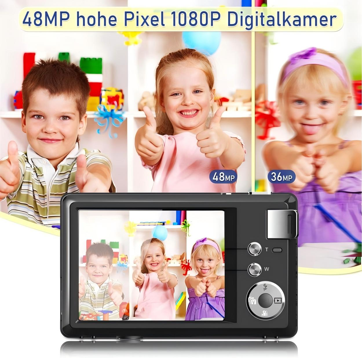 Eine Kamera zeigt drei Kinder, die Daumen hoch halten. Das Bild auf der Kamera hat eine Digitalanzeige.
