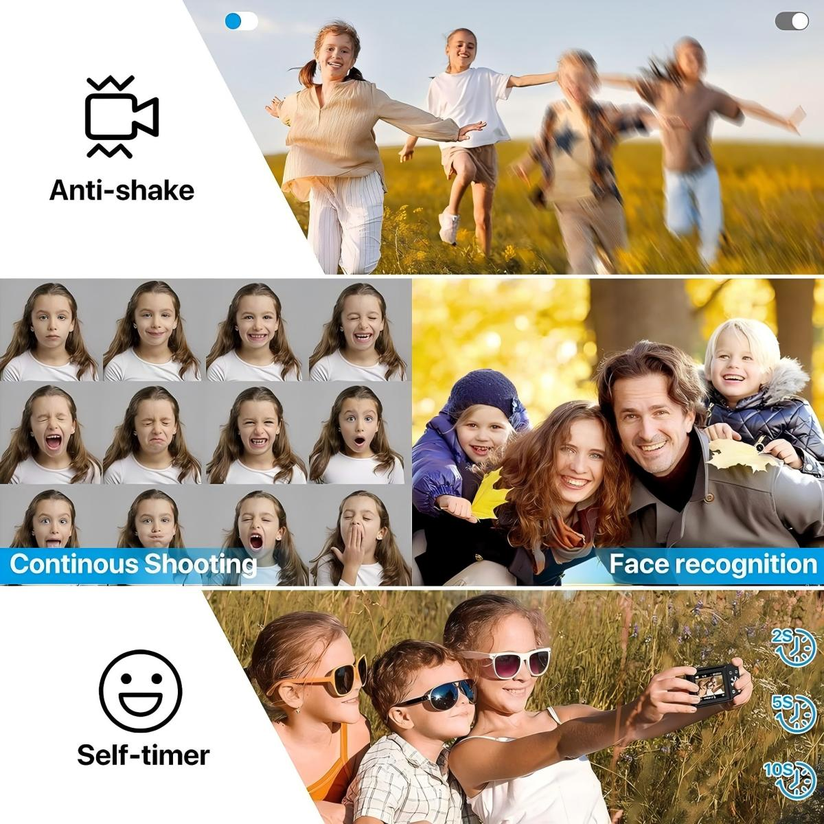 Verschiedene Fotos von Personen, die eine Kamera benutzen, mit Text über Anti-Shake und Gesichtserkennung.