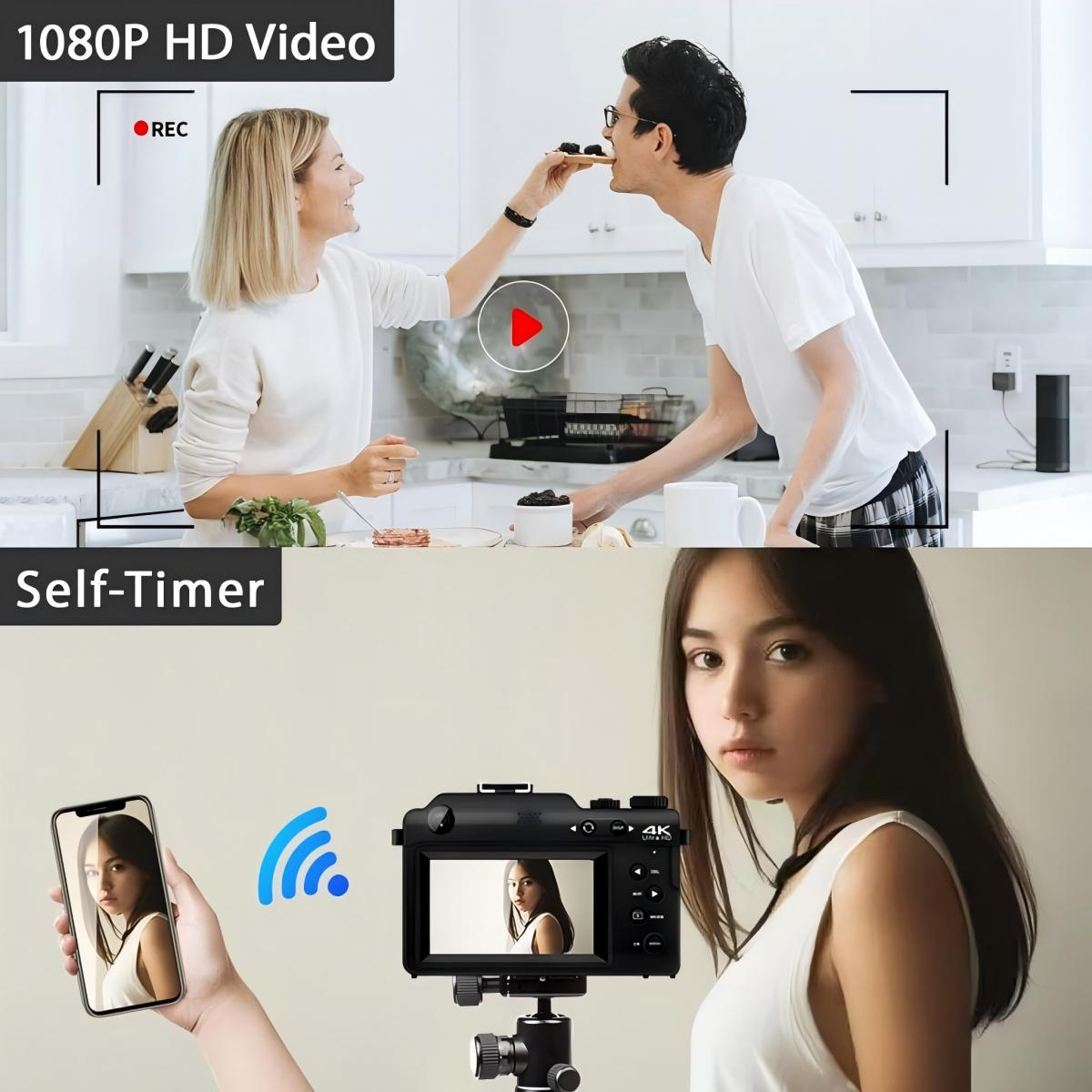 Frau füttert Mann in einer Küche einen Leckerbissen. Es gibt eine Kamera und ein Telefon. Selbstauslöser und 1080p HD-Video.