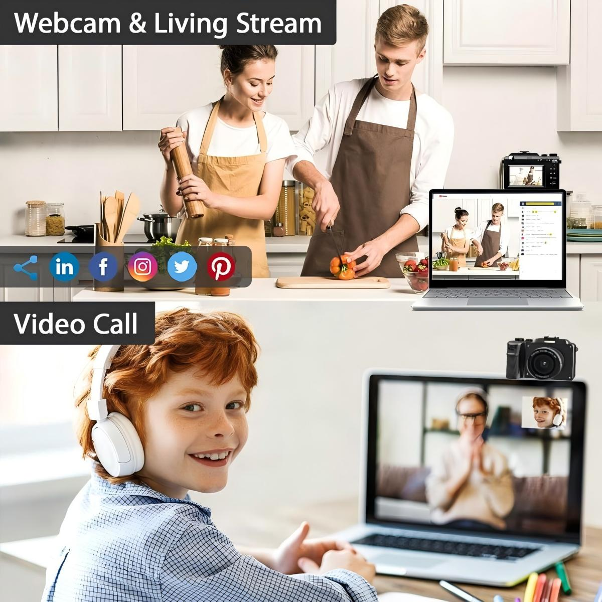 Eine Familie kocht und videoanruft mit einem Laptop. Social-Media-Symbole sind vorhanden.