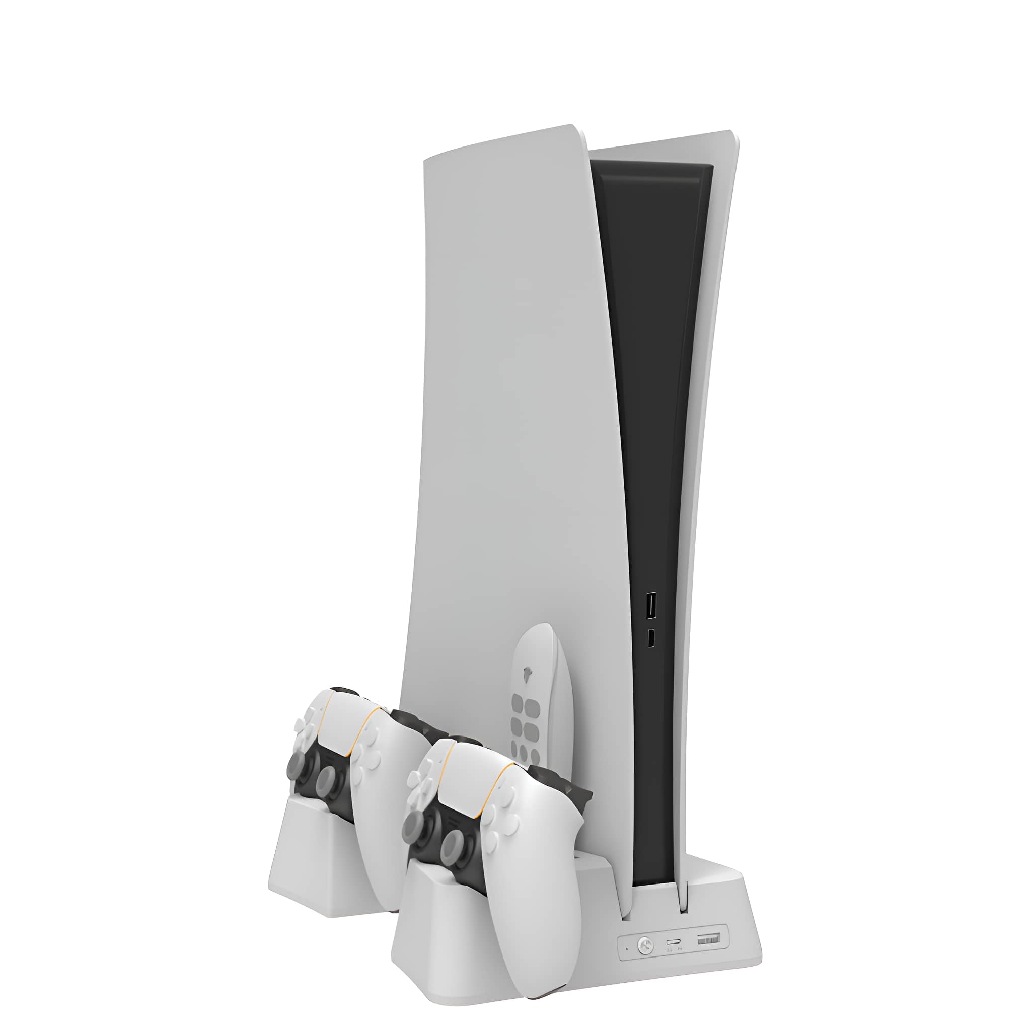 Weiße PS5-Konsole mit Controller-Ladestation. Zwei Controller sind vorhanden. Weißer Hintergrund.