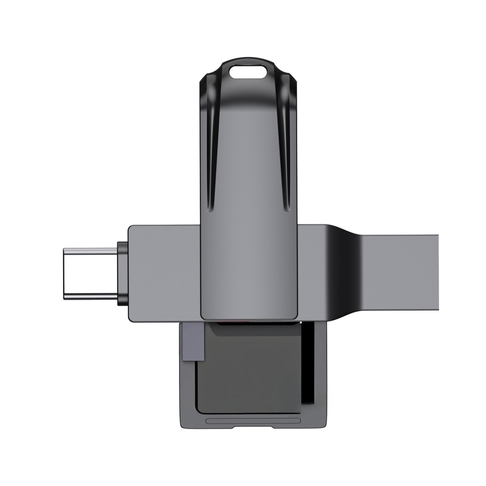 Grauer USB-C-Flash-Laufwerk mit Schlaufe, USB-C-Anschluss und schwarzem Speicherbereich.
