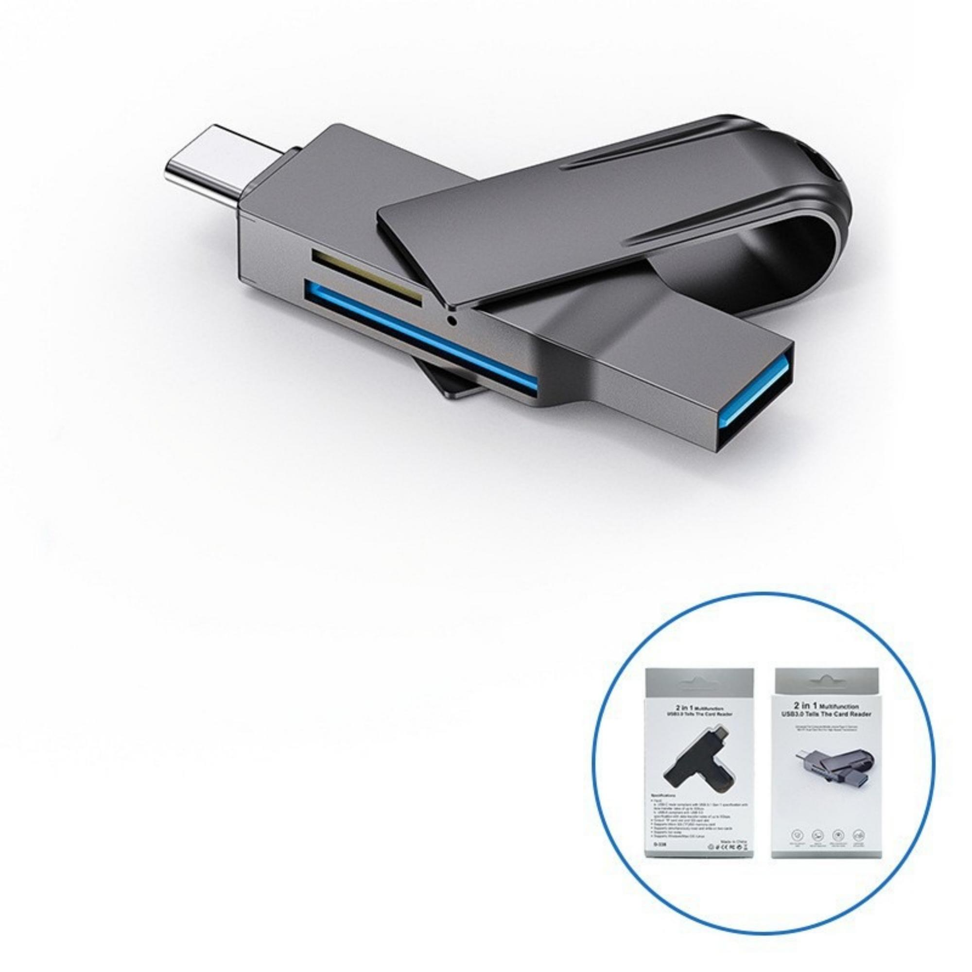 USB-C 2-in-1 Kartenleser mit zwei Verpackungsschachteln. Der Leser ist grau, mit blauem Port.