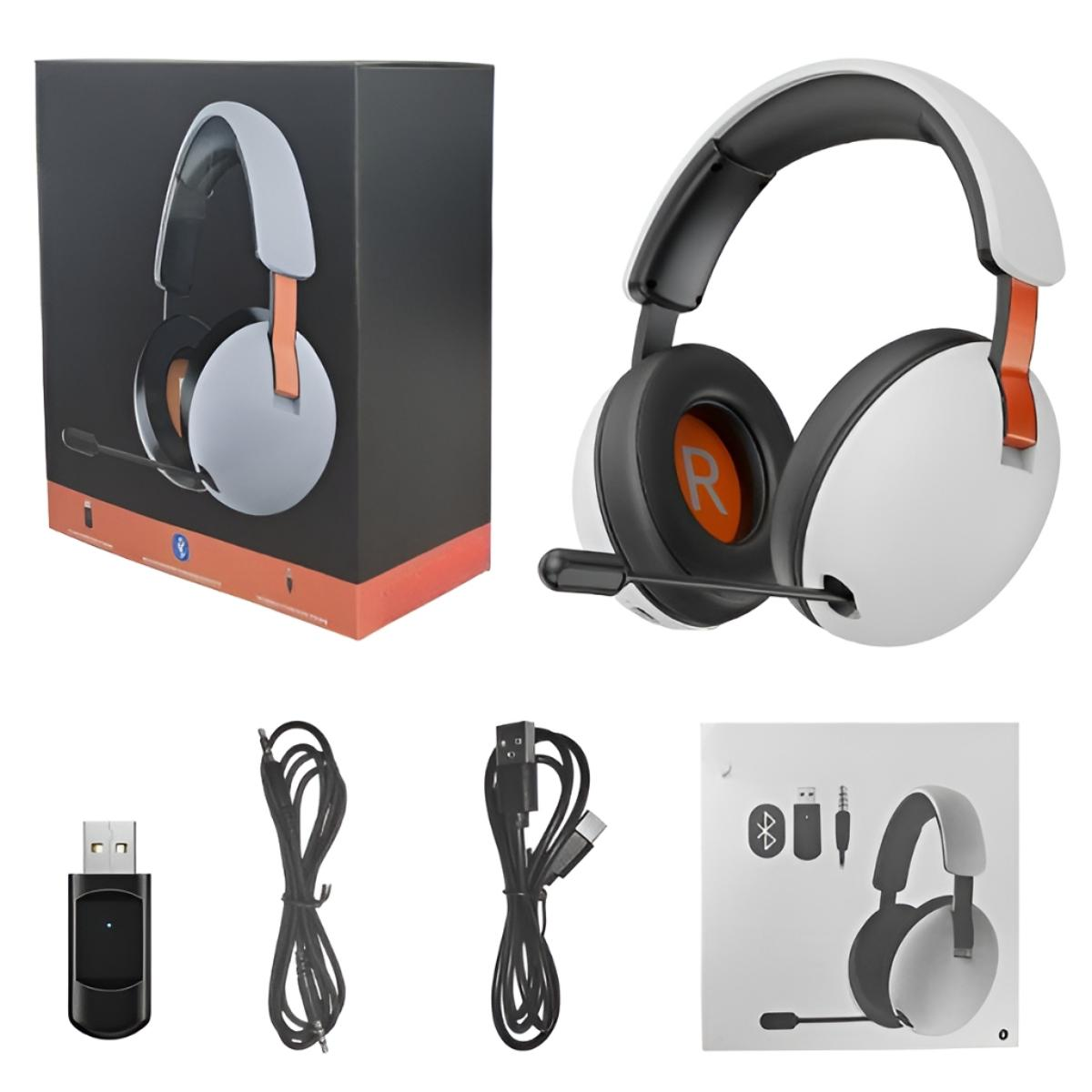 Kopfhörer mit Box, USB-Dongle und Kabeln. Kopfhörer sind weiß mit orangefarbenen Akzenten. Schwarzer Hintergrund.