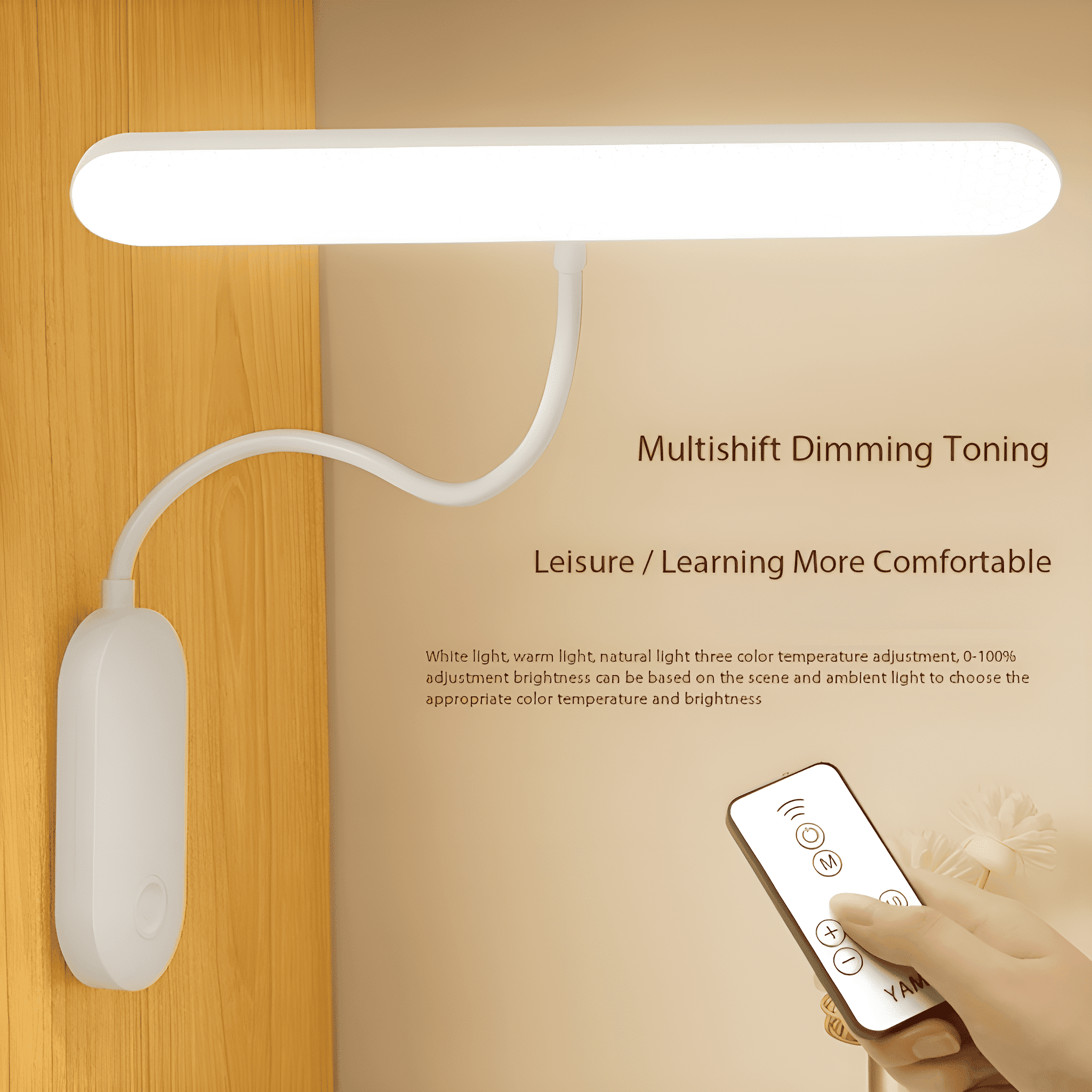 Weiße LED-Lampe mit gebogenem Hals und Fernbedienung. Text auf Lampe und Fernbedienung ist sichtbar.
