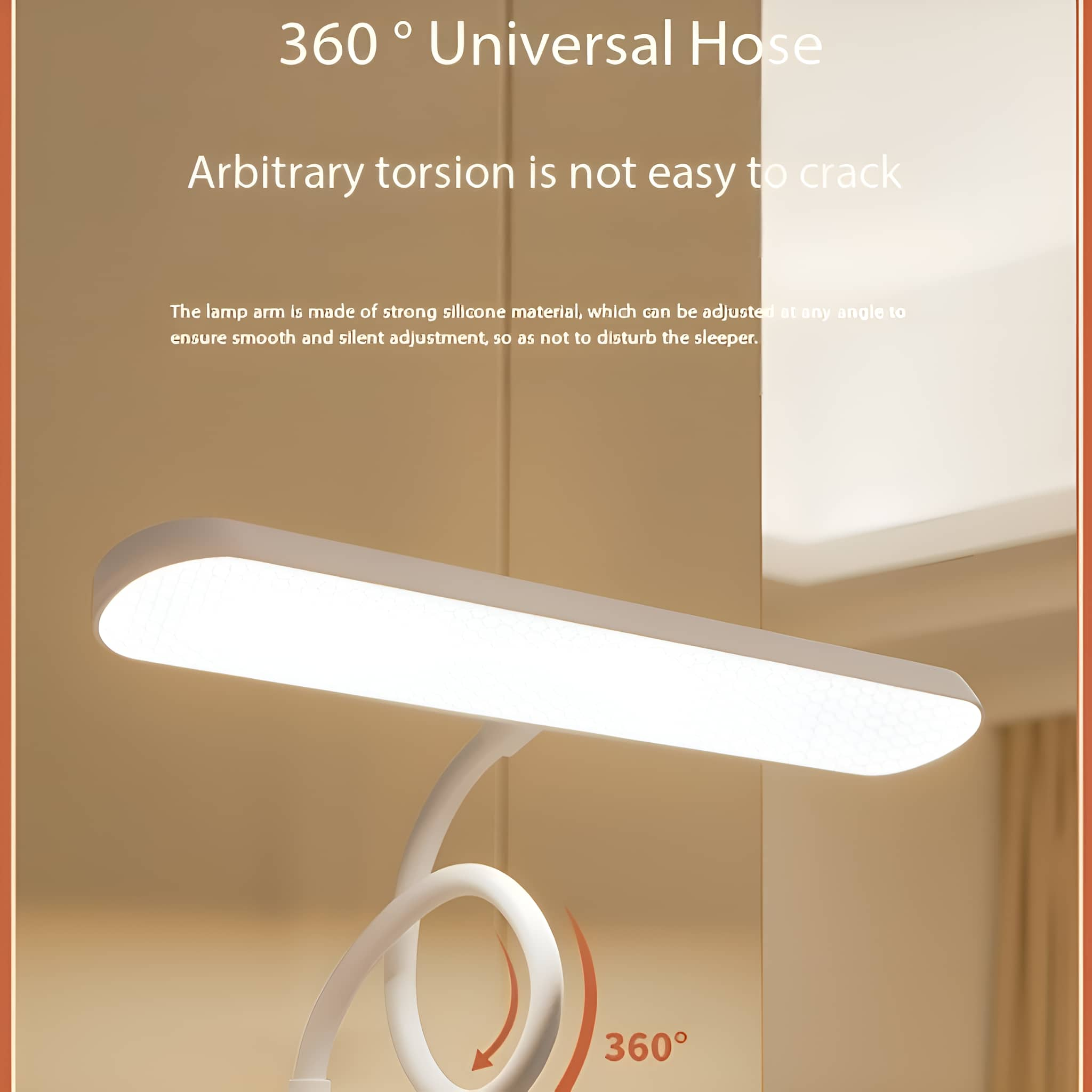 Weiße Schreibtischlampe mit flexiblem Arm, beleuchtet.