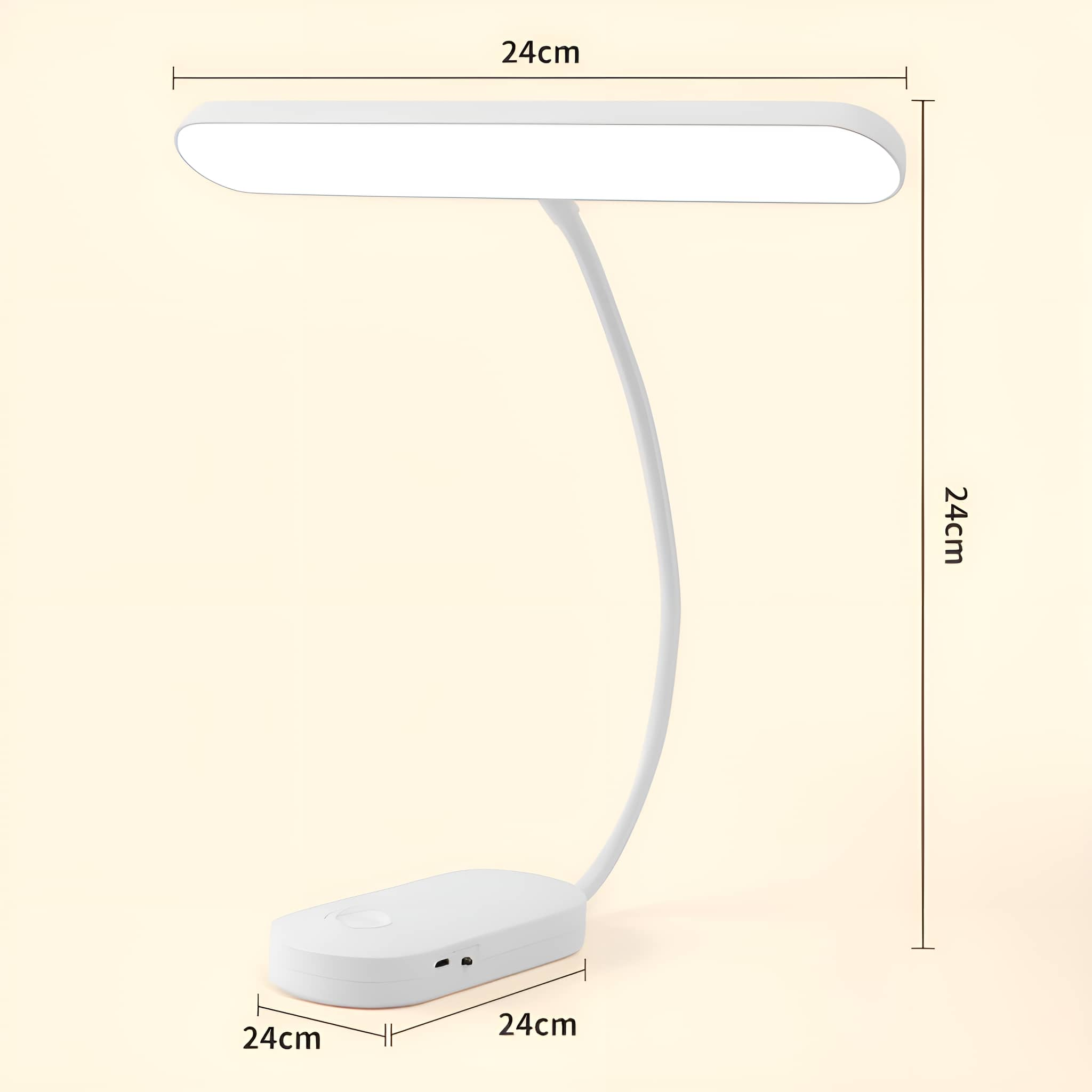 Weiße Schreibtischlampe mit langem, gebogenem Hals. Rechteckiger Fuß und Kopf.