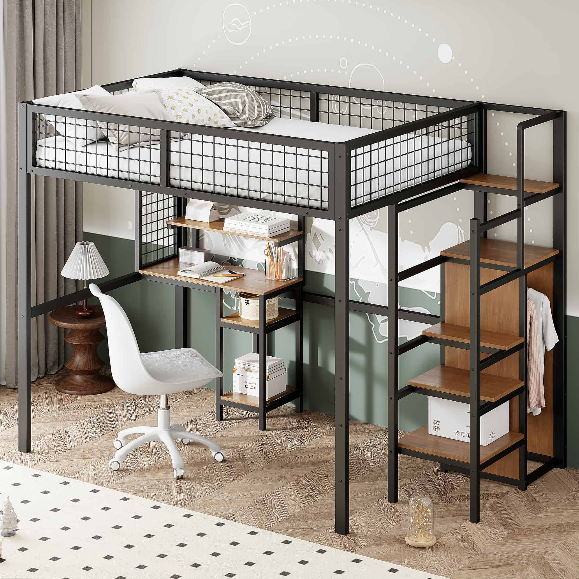 Ein Hochbett mit Schreibtisch und Regalen darunter. Ein Stuhl steht neben dem Schreibtisch. Eine Leiter führt zum Bett.