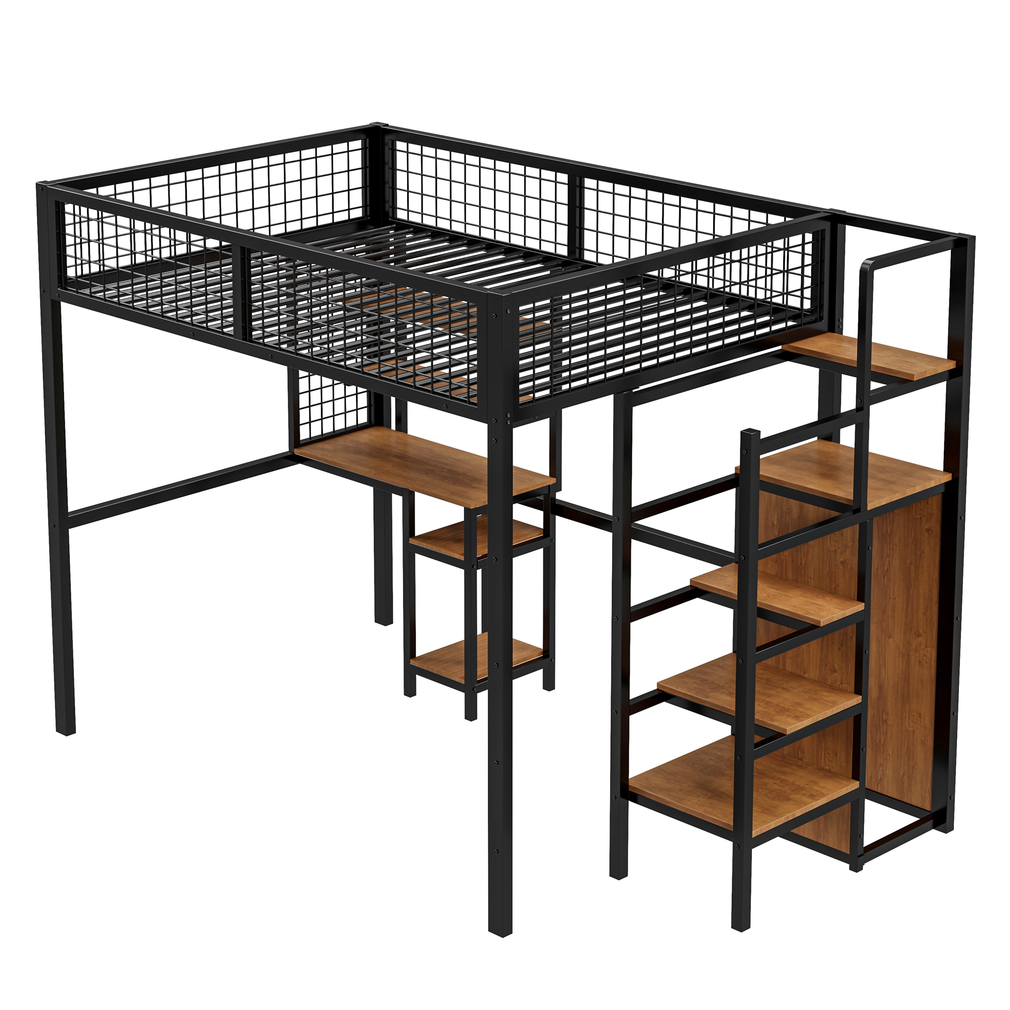 Hochbett mit Metallrahmen, Holzschreibtisch und Treppe. Schwarz-braunes Farbschema.