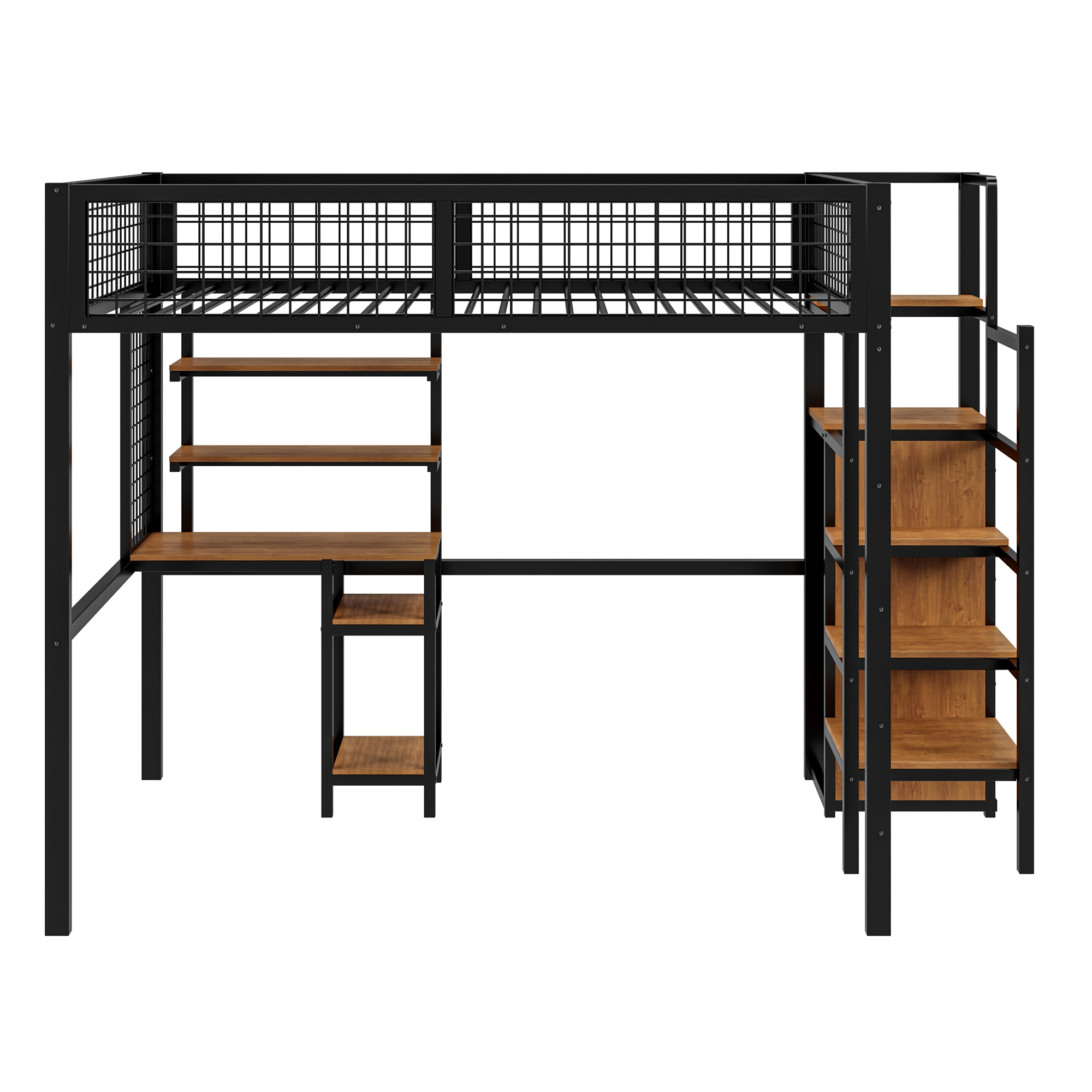 Schwarzes Metall-Loftbett mit Schreibtisch, Regalen und Treppe, vor weißem Hintergrund.