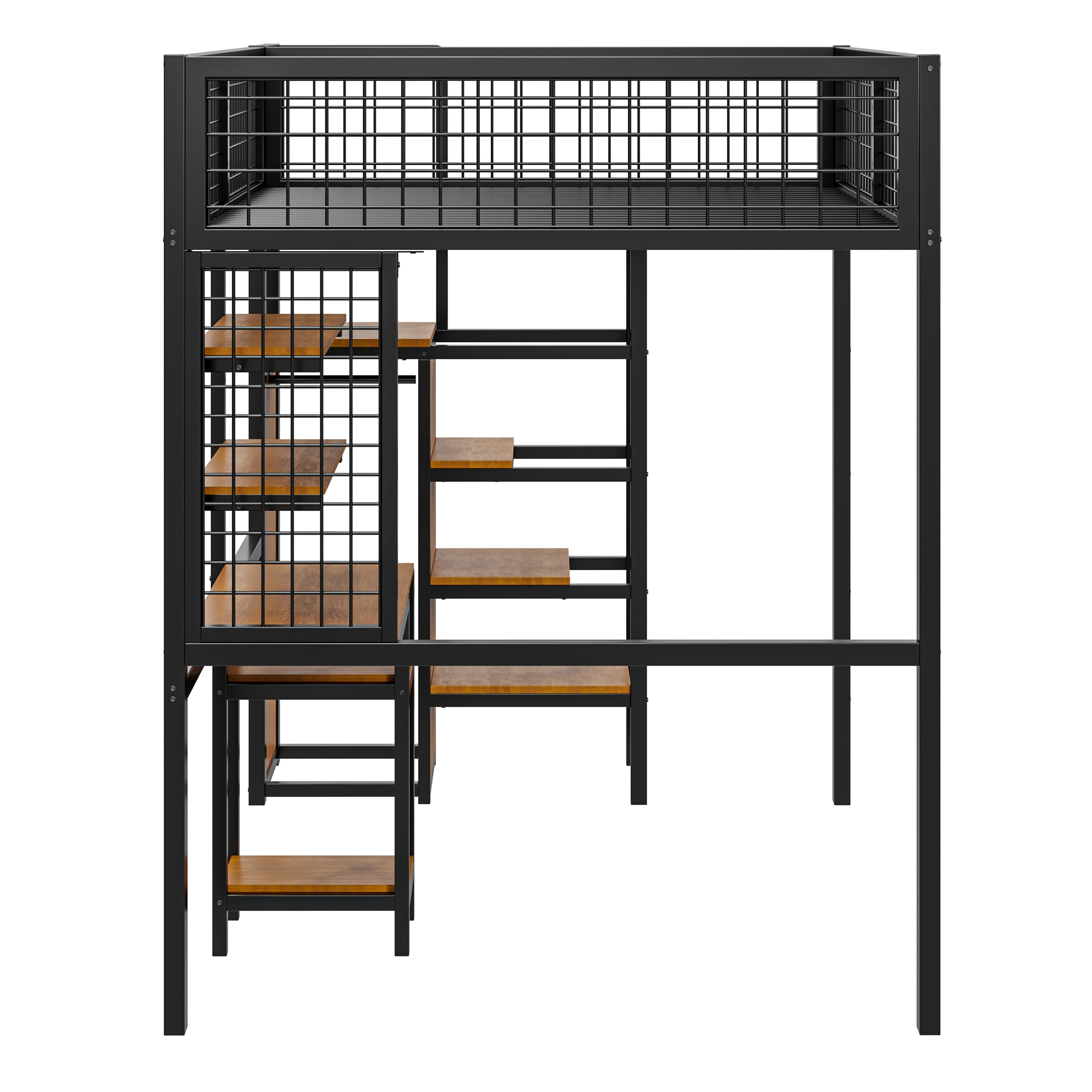 Schwarzes Metall-Hochbett mit Treppe, Holzregalen und Drahtgeflecht.