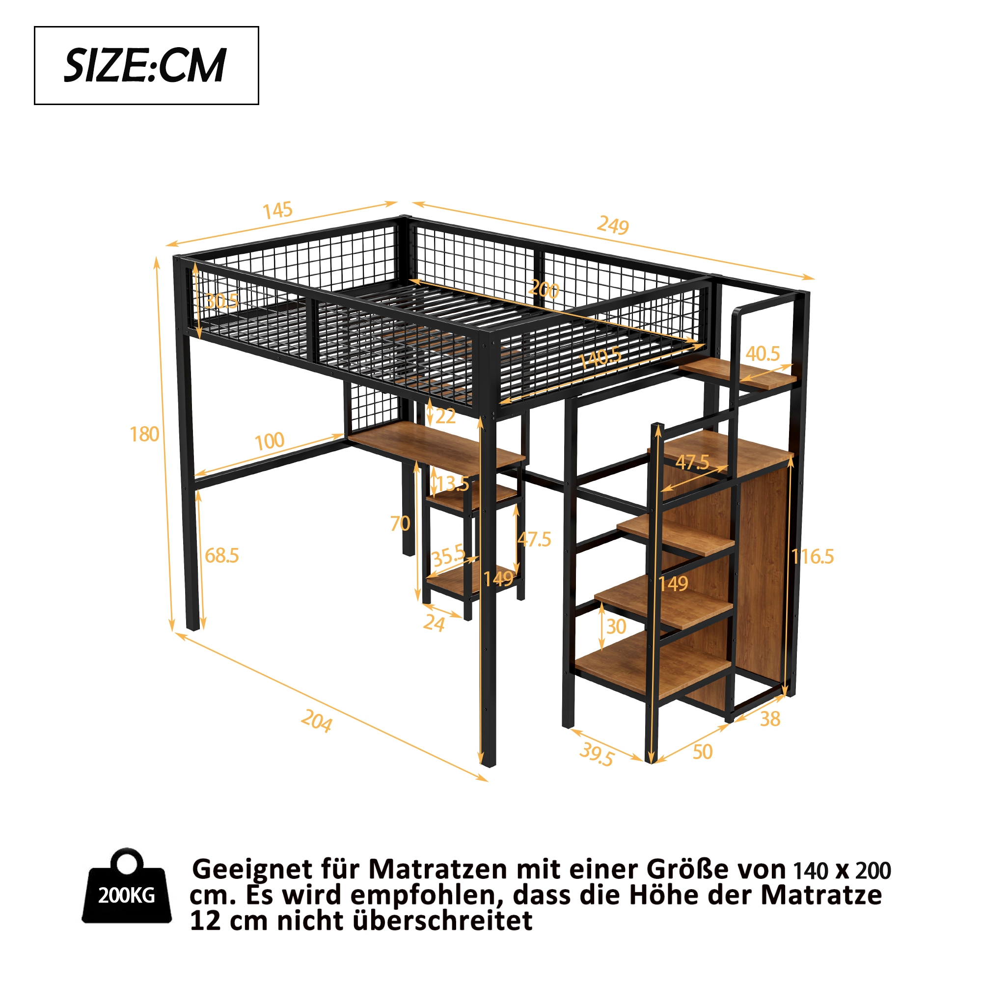 Hochbett mit Schreibtisch und Stauraum. Schwarzer Metallrahmen mit Holzelementen. Abmessungen angegeben.