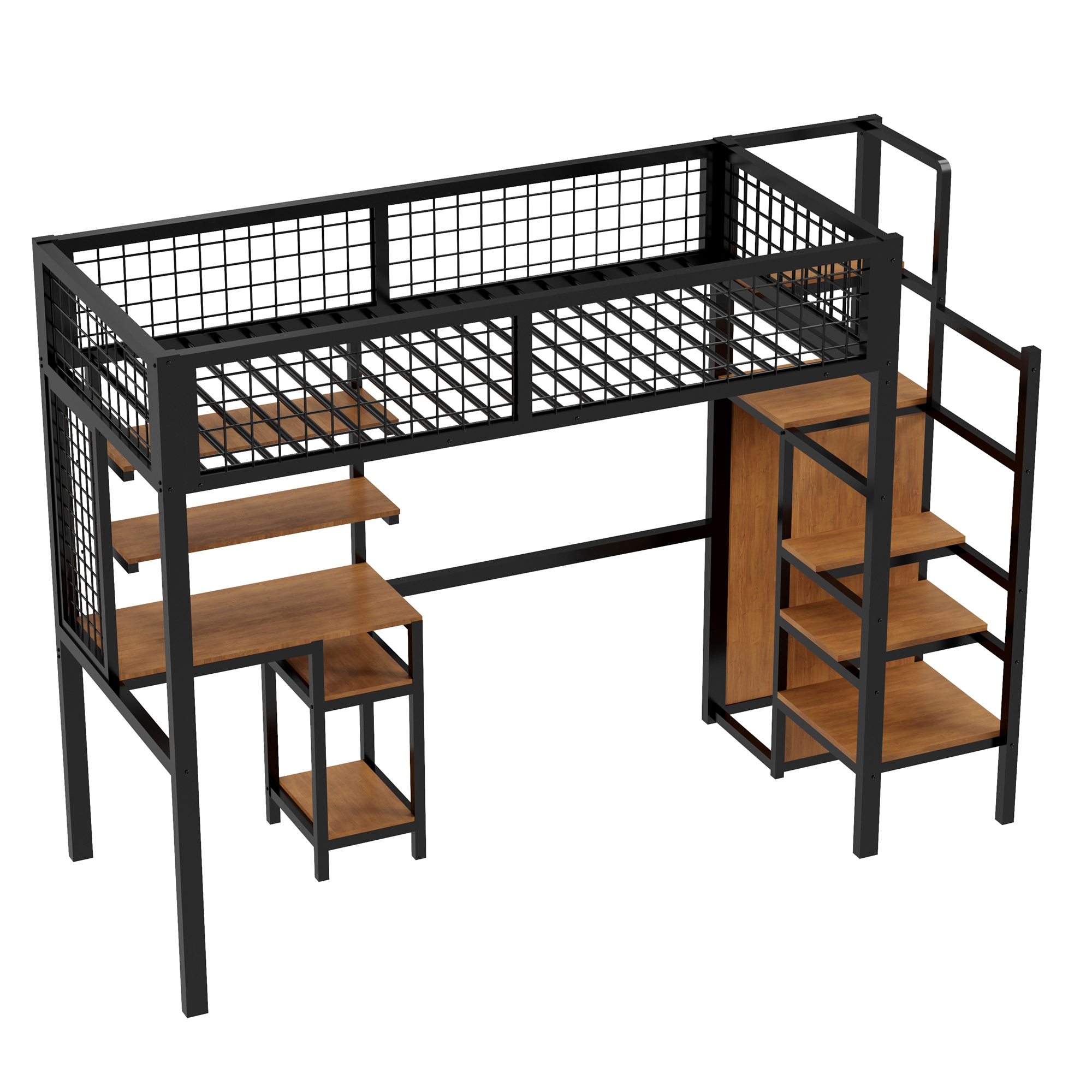 Hochbett mit Schreibtisch und Treppe. Schwarzer Metallrahmen, Holzakzente, weißer Hintergrund.