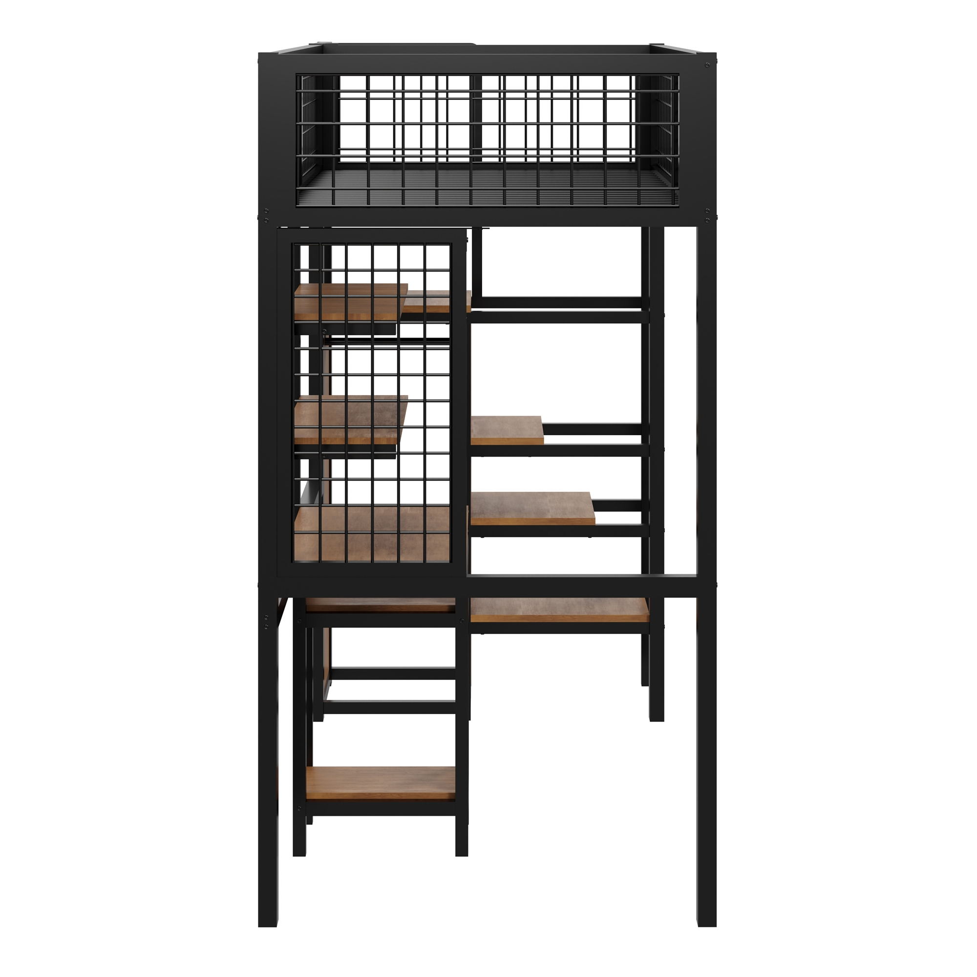Schwarzes Metall-Hochbett mit Schreibtisch, Regalen und Leiter. Für kompakte Wohnräume konzipiert.