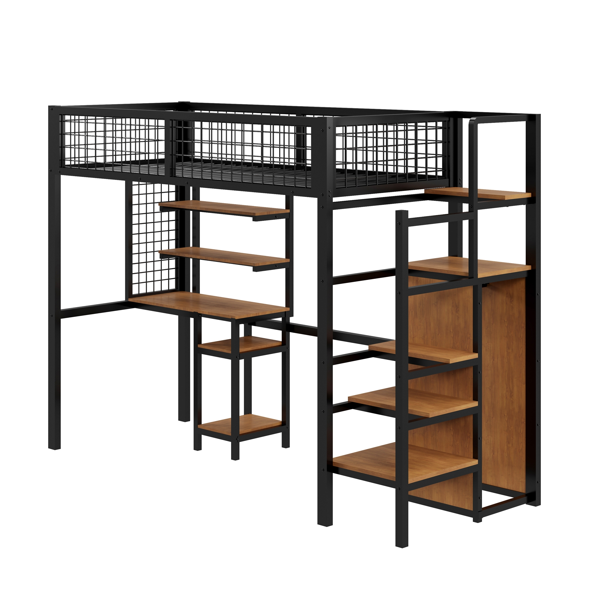 Schwarzes Metall-Hochbett mit Schreibtisch und Regalen. Es hat eine Leiter und ein hohes Bettgestell.