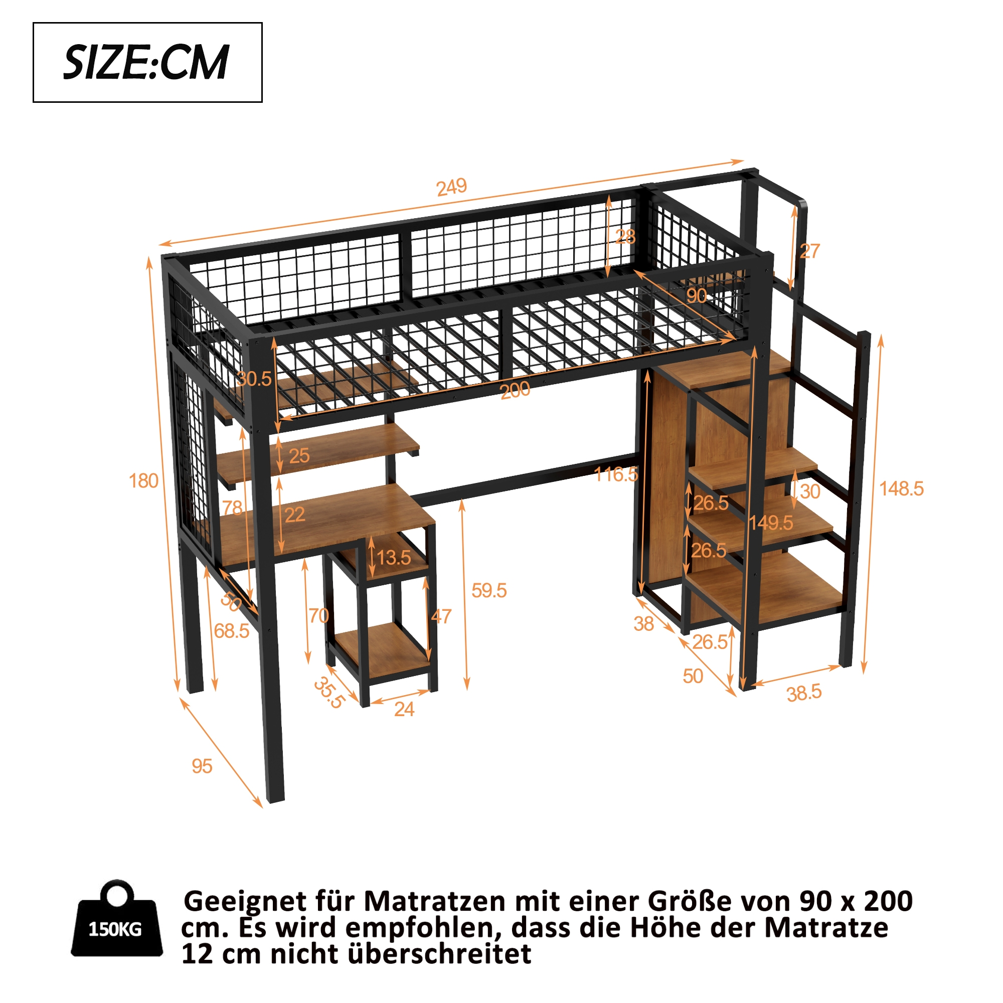 Ein Hochbettrahmen mit Abmessungen, einem Schreibtisch und einer Leiter, alles in Schwarz, mit weißem Hintergrund.