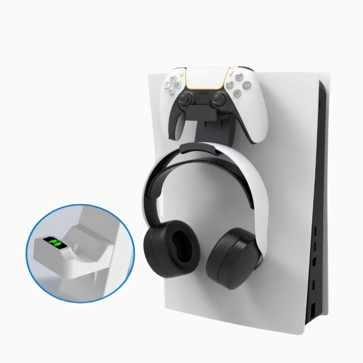 Weiße Playstation 5 mit Controller, Kopfhörern und Ladestation.