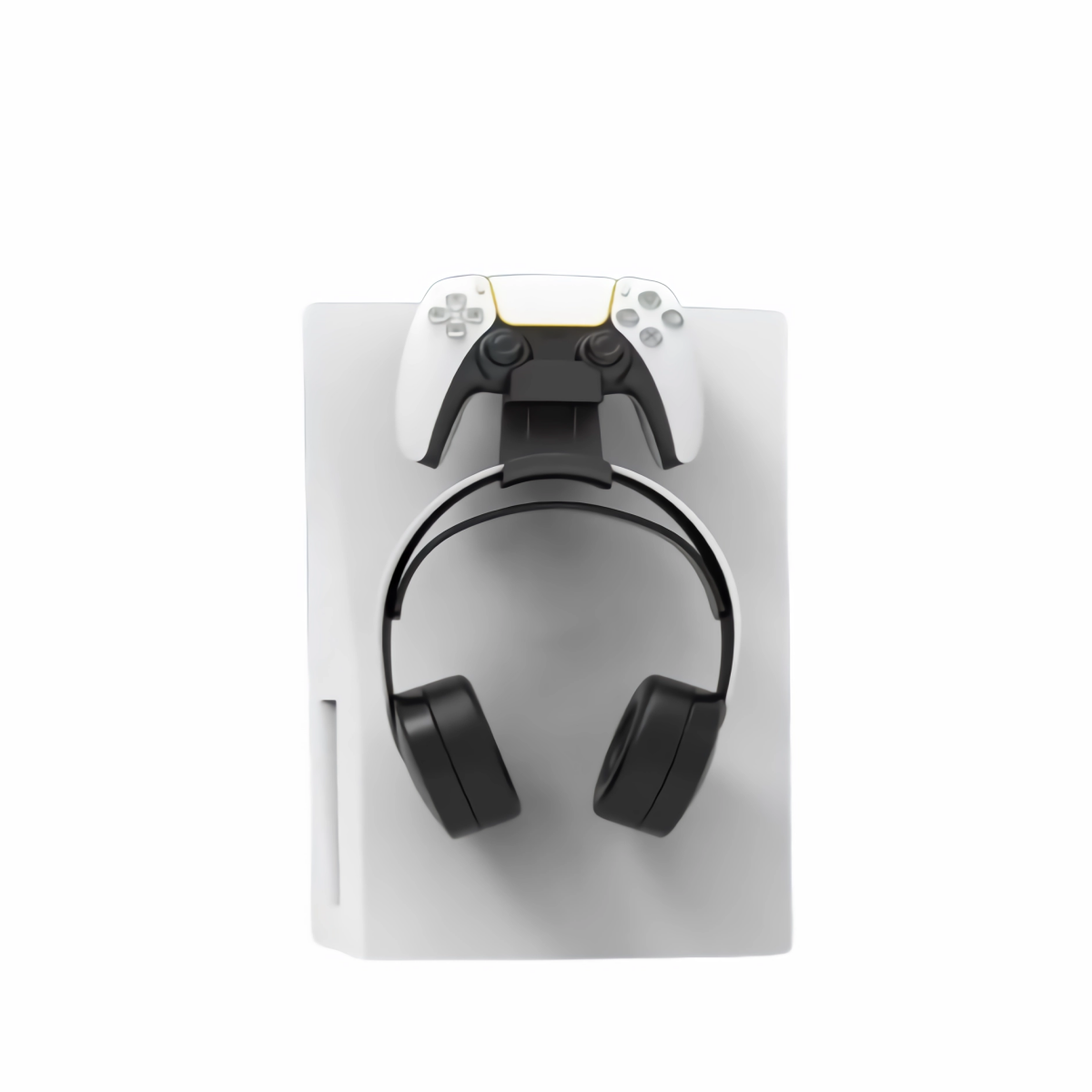 Eine weiße Spielkonsole mit einem weißen Controller und Kopfhörern, die vor einem weißen Hintergrund angezeigt werden.