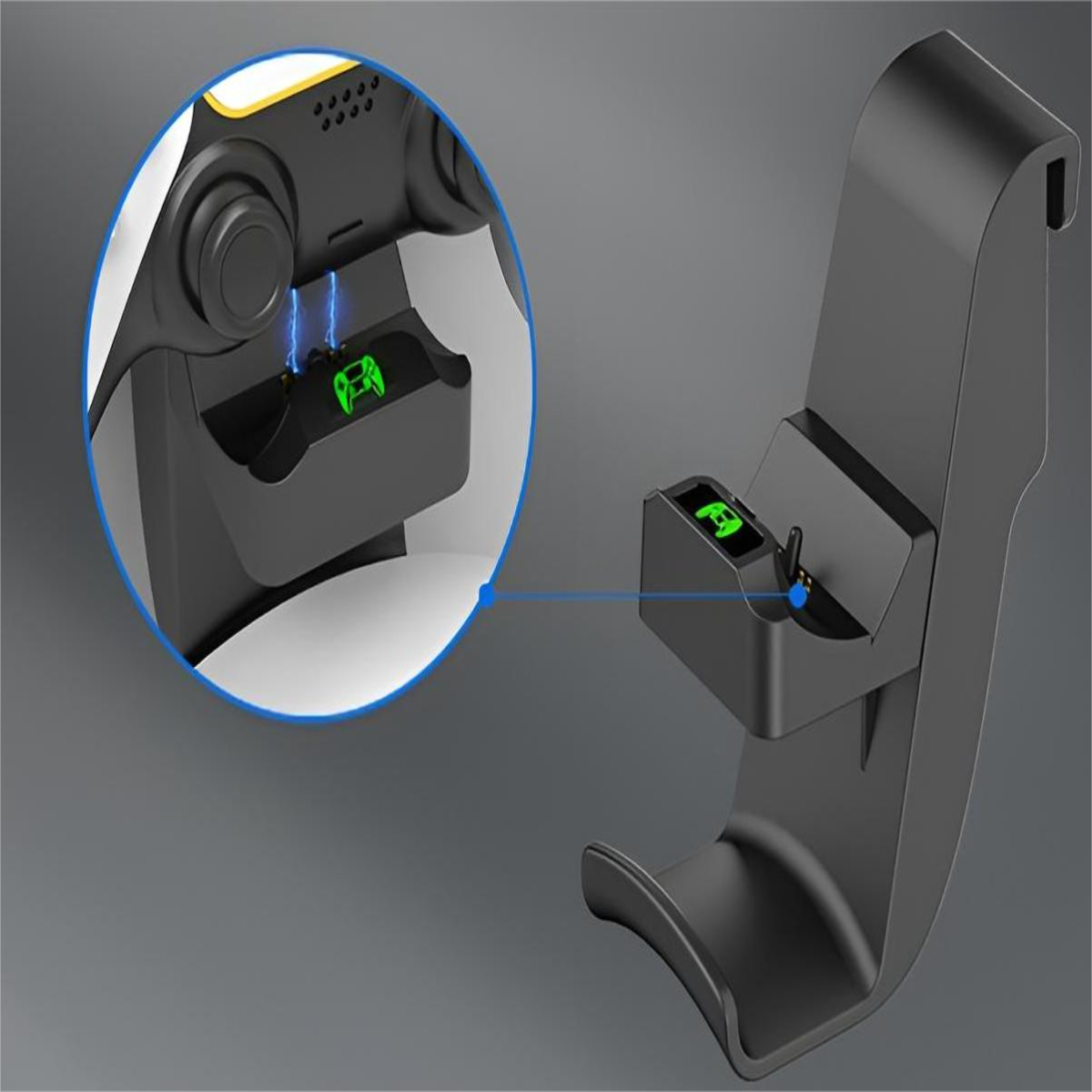 Eine schwarze Ladestation für einen Gamecontroller. Das Dock zeigt einen Controller beim Laden, mit blauem Licht und einem Logo.