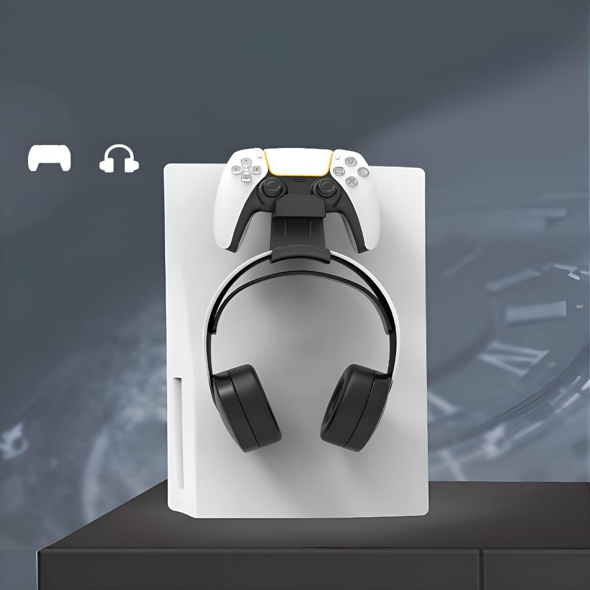 Ein weißer Spielekonsolenständer mit Kopfhörern und einem Controller darauf.