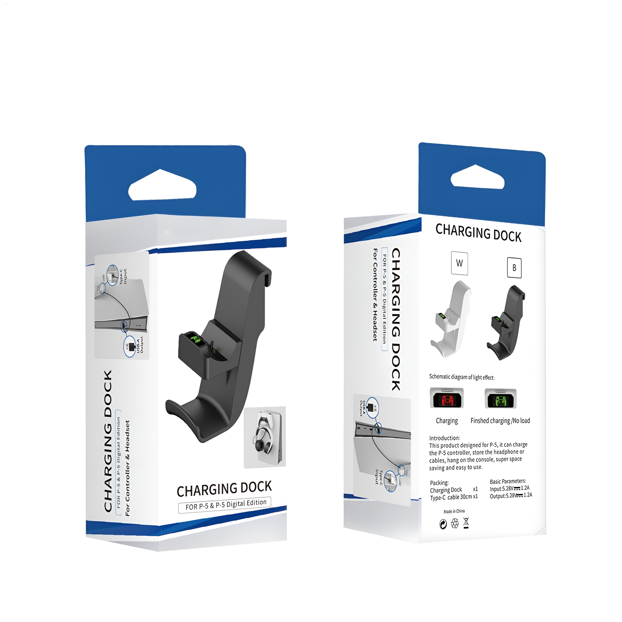 Zwei Seiten einer Ladebox. Schwarze Ladestation für PS5-Controller ist sichtbar.