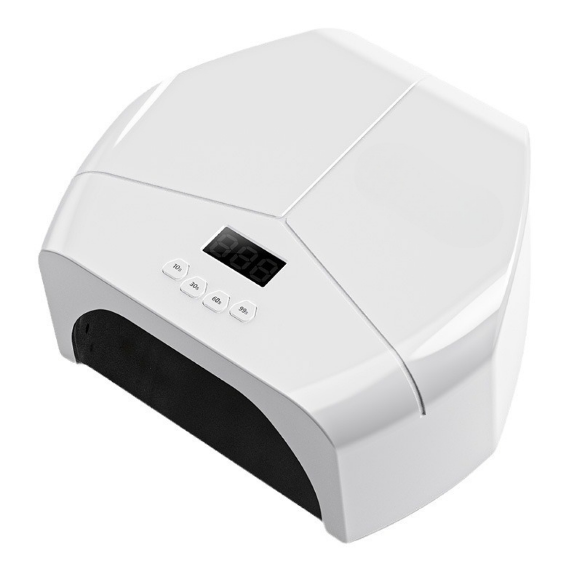 Weiße UV-Nagellampe mit Digitalanzeige und drei Knöpfen auf Weiß.