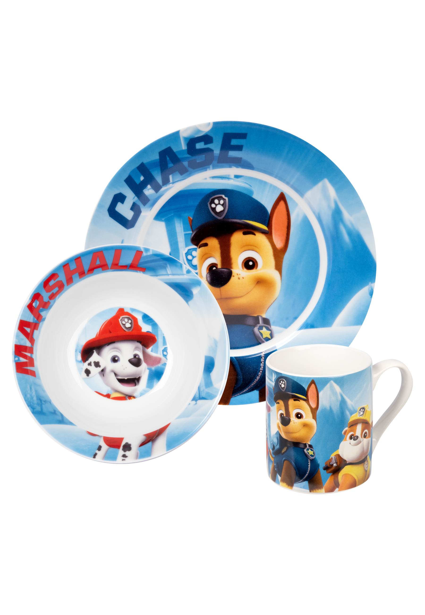 Ein Paw Patrol-Geschirrset wird angezeigt. Das Set enthält einen Teller, eine Schüssel und einen Becher, alle mit blauem Hintergrund.