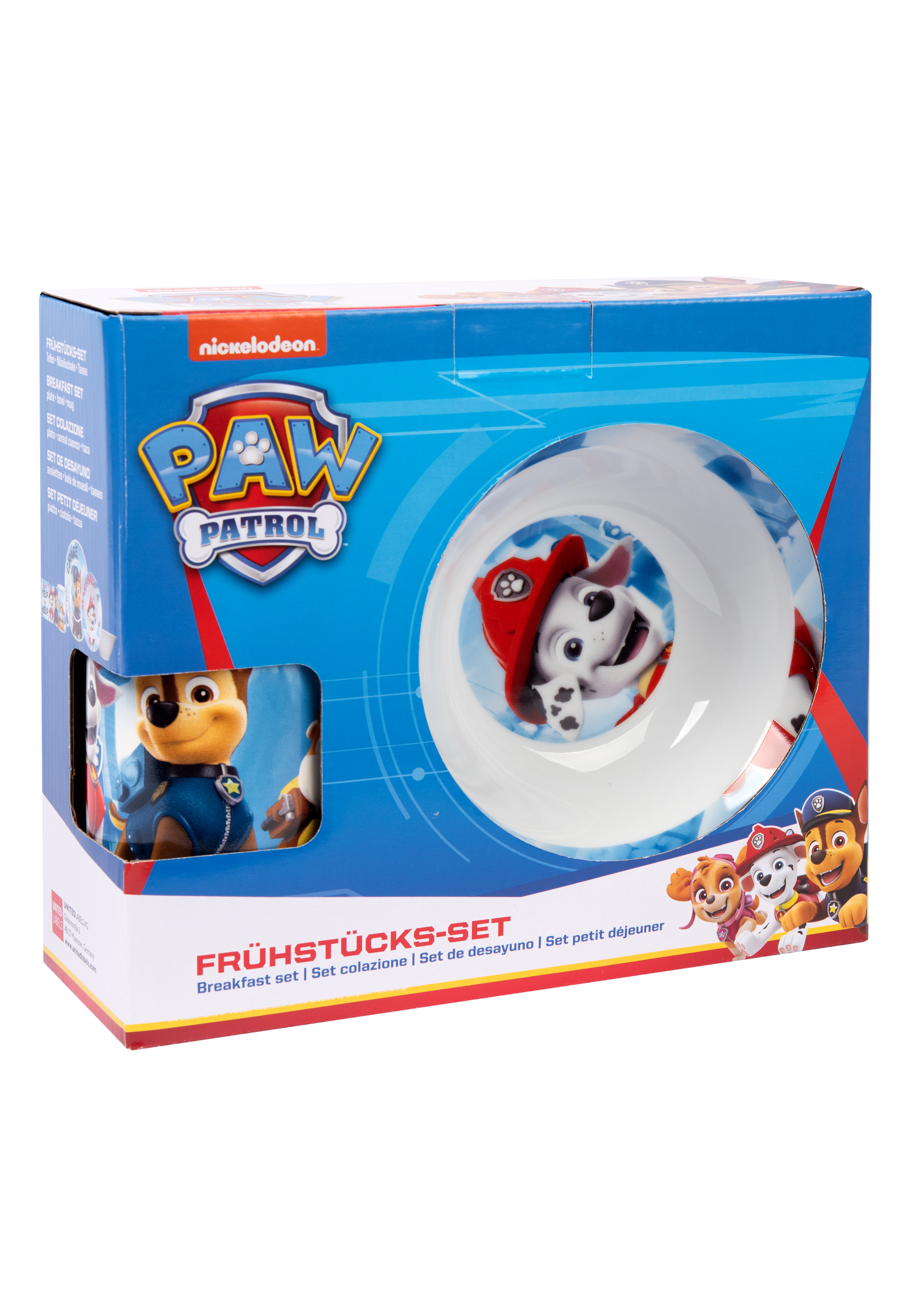 Ein Paw Patrol Frühstücks-Set in einer Box. Enthält eine Schüssel und eine Tasse.