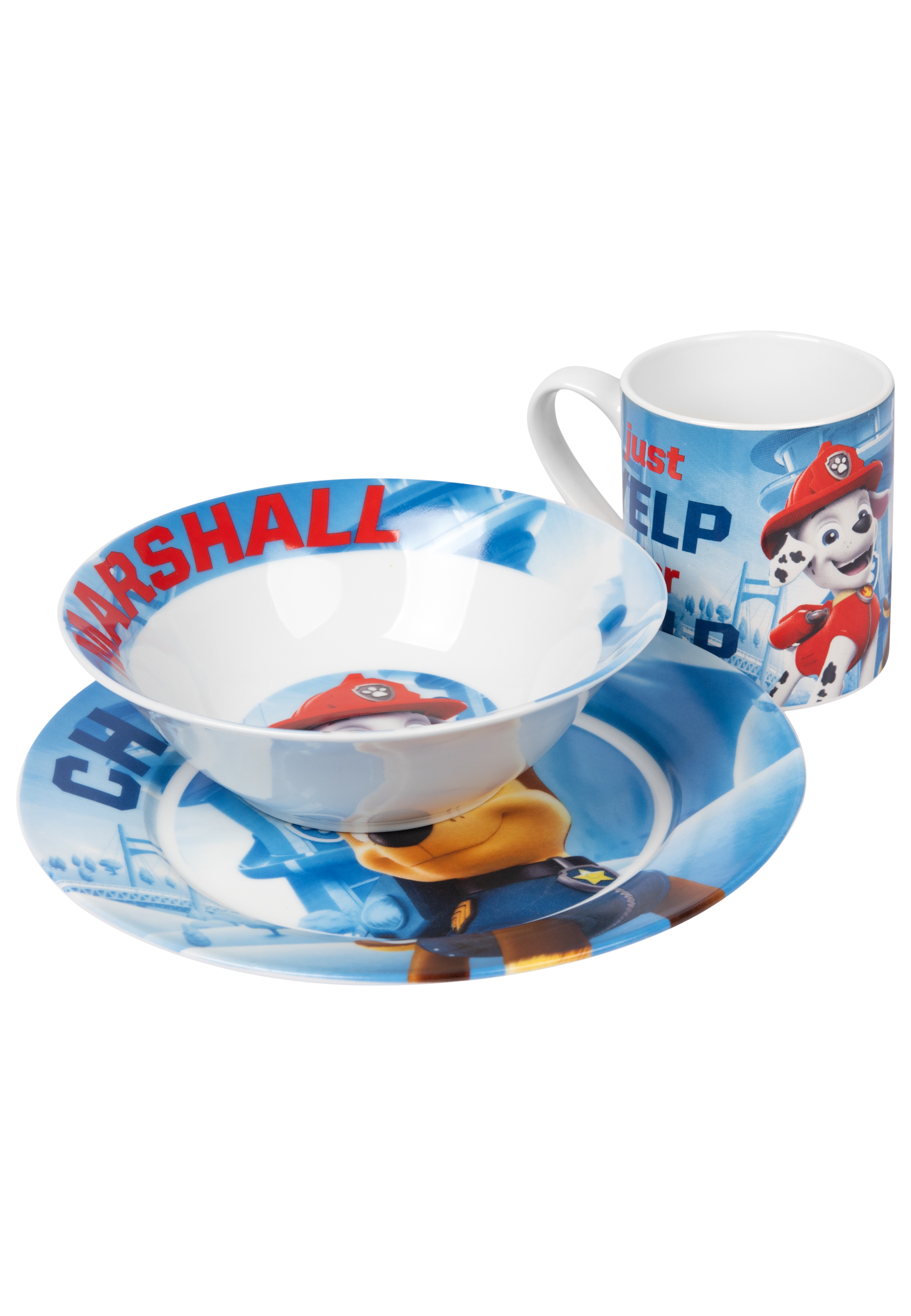 Paw Patrol Geschirrset. Schüssel, Teller und Becher. Blau und weiß. Weißer Hintergrund.
