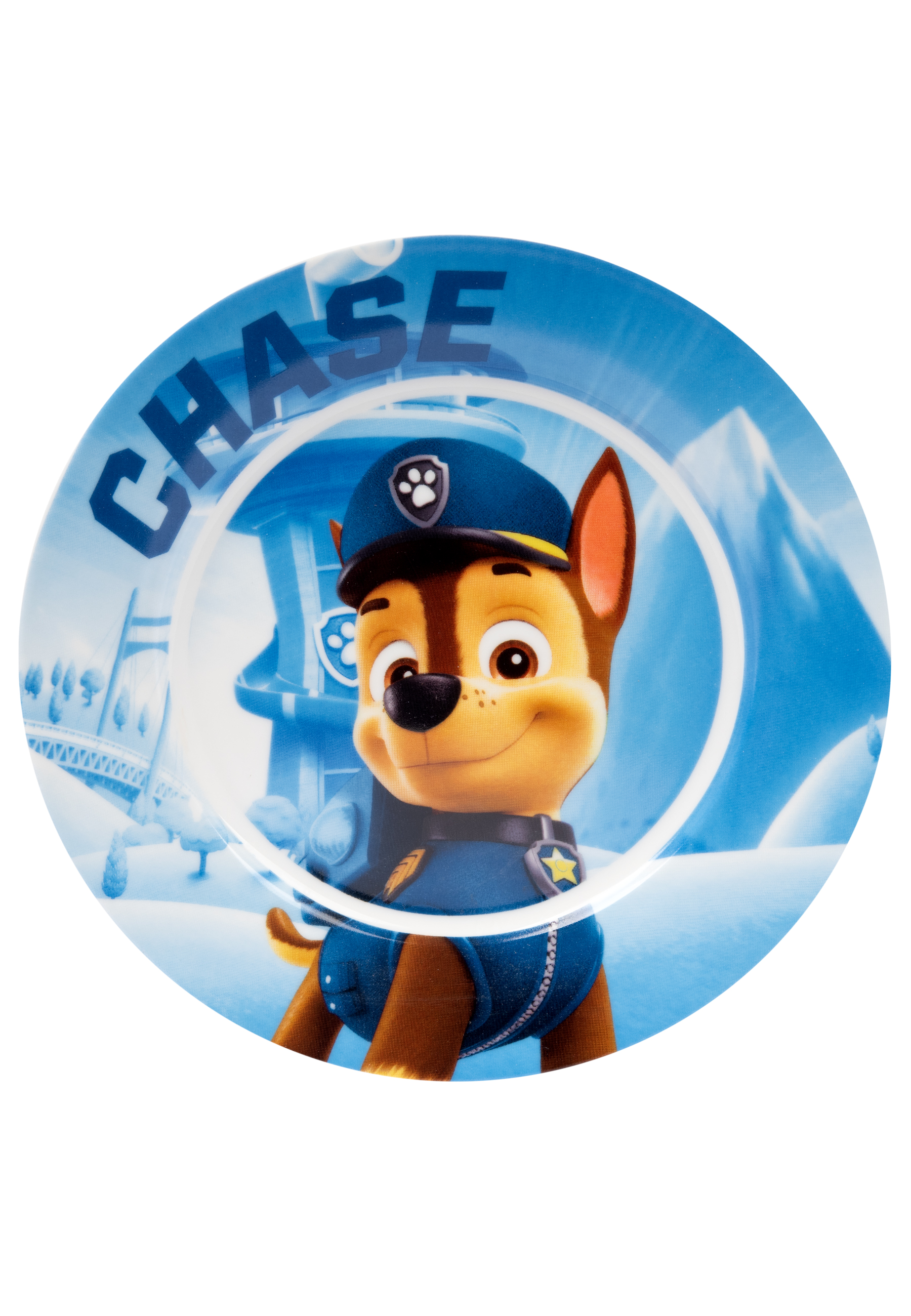 Ein Teller mit einem Cartoon von Chase aus Paw Patrol. Blauer Teller mit blauem Hintergrund.