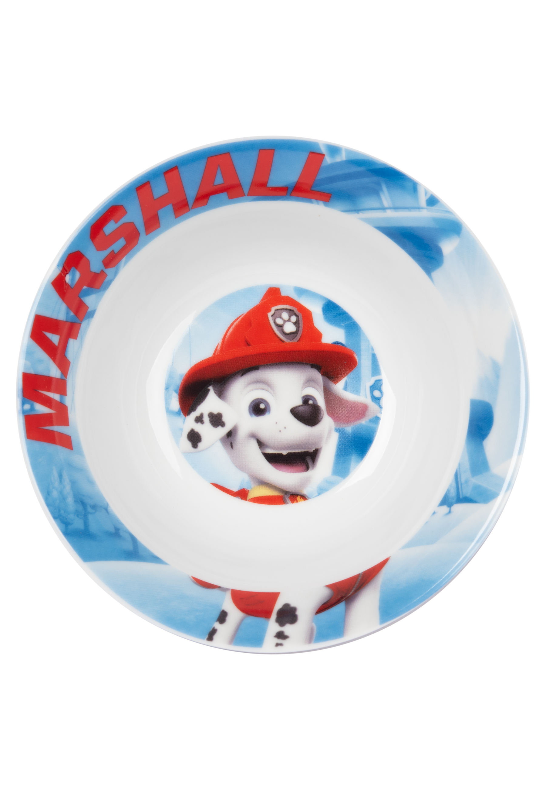 Eine Paw Patrol Schüssel mit Marshall darauf und Marshall seitlich geschrieben.