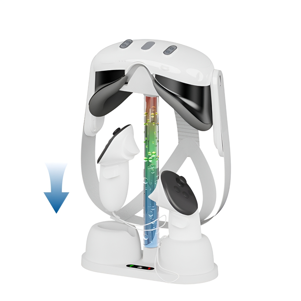 Ein Gerät mit einem VR-Headset-Design, das in der Mitte eine Röhre hat. Es gibt einen Pfeil nach unten.