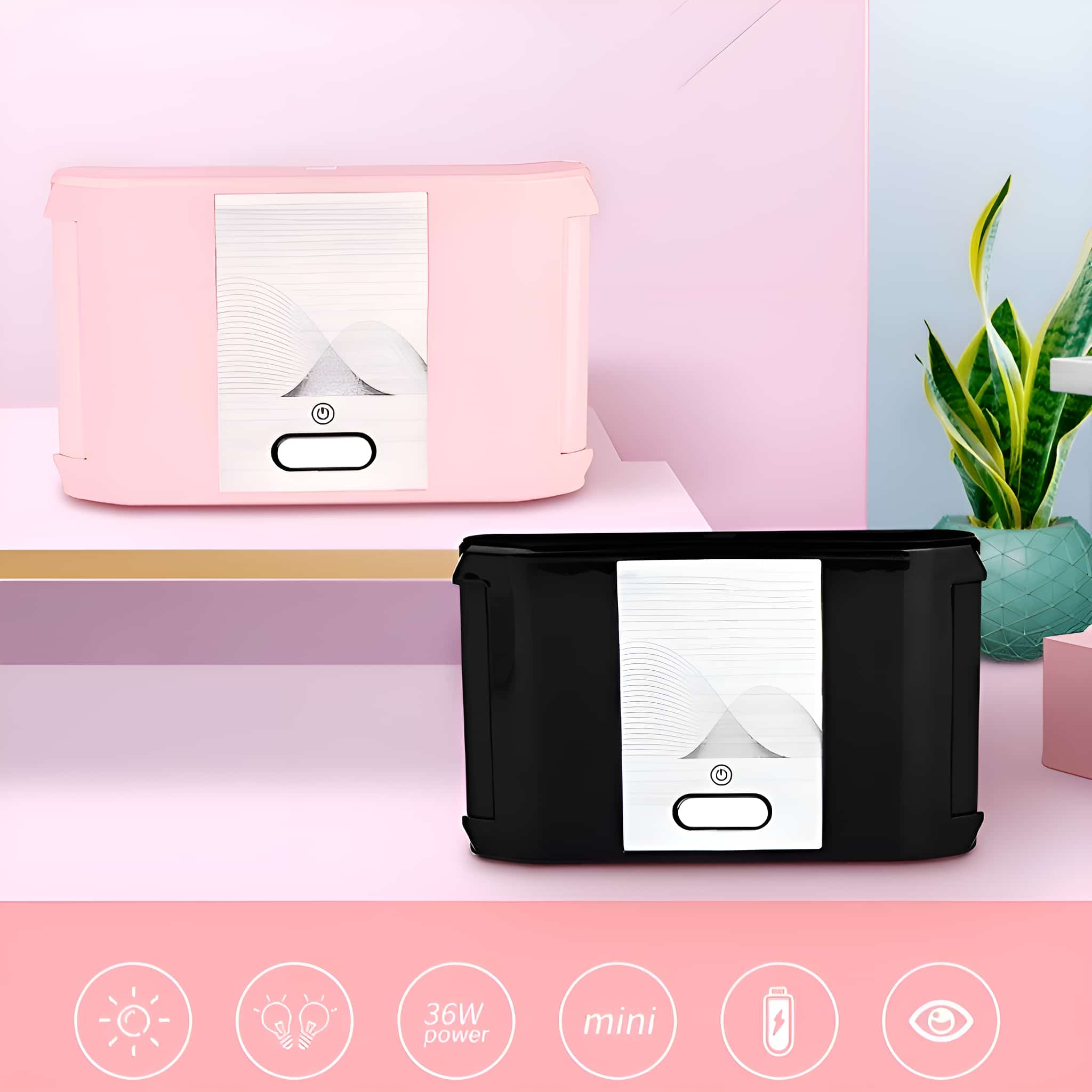 Zwei Luftreiniger, rosa und schwarz, mit Symbolen für Sonnenlicht, Glühbirnen und Akku.