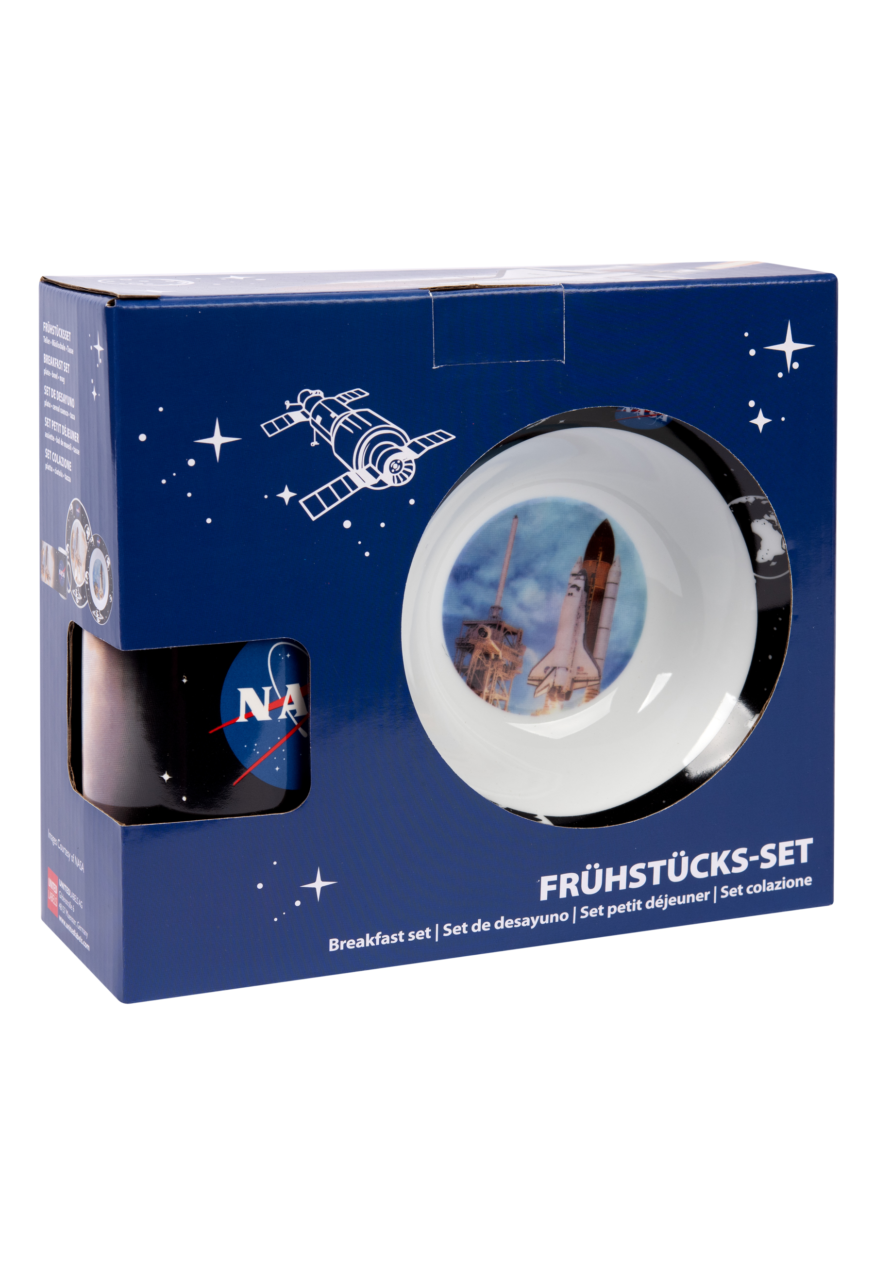 Frühstücks-Set mit Tasse, Schüssel mit Space-Shuttle-Bild und Text in mehreren Sprachen.